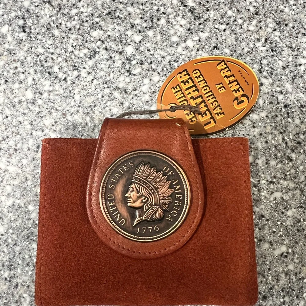 Brown Leather Wallet With Decorative Large Indian Penny Decor